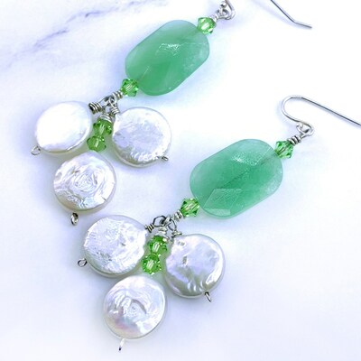 Spring Green Quartz and Coin Pearl Duster Earrings — E-0028 - image2